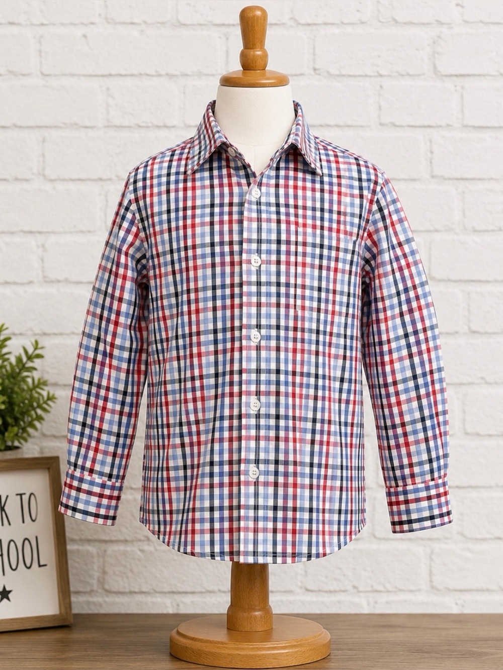 Bella Bliss Boys Plaid Button Down Shirt Size 5 Red Blue Cotton Preppy School